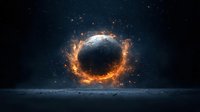 Dark planet surrounded by glowing orange energy ring floating above misty horizon against starry space background, creating dramatic cosmic scene.