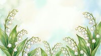 Watercolor lily of the valley border with white bell flowers and green leaves on soft pastel background, copy space for text.
