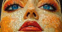 Close up mosaic style face fragment showing bright blue eyes, orange eyeshadow and red lips against textured golden skin background. Artistic beauty concept.