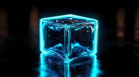 Glowing neon blue ice cube with reflection on dark surface creates futuristic atmosphere. Minimalist composition with dramatic lighting effect suitable for tech concepts.