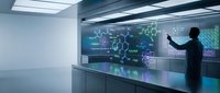 Scientist analyzing molecular structures on futuristic holographic display in modern laboratory with advanced technology interface for research and development.