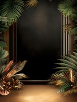 Luxurious tropical frame with golden palm leaves, metallic elements and dark background creates elegant botanical composition for luxury product presentation.