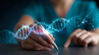 Glowing DNA helix structure floating above medical professional's hands in blue tones, representing genetic research and biotechnology advancement in healthcare.