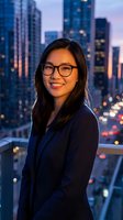 Young Asian businesswoman in glasses smiling confidently on city balcony at dusk with illuminated skyscrapers and urban lights in background.