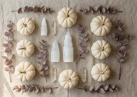 Autumn flat lay with white pumpkins and eucalyptus branches arranged symmetrically on beige background for seasonal decoration and harvest celebration.