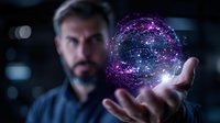 Caucasian businessman with beard holding glowing purple digital sphere network hologram against dark background with bokeh lights for technology concept.
