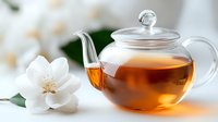 Glass teapot with freshly brewed amber tea next to delicate white jasmine flower on light background, creating serene and elegant composition for tea ceremony.