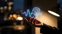 Hand holding glowing digital health icons with heartbeat pulse and stethoscope hologram against blurred city lights background for medical technology.