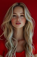 Young Asian woman with long wavy blonde hair and natural makeup poses against vibrant red background. Professional portrait highlighting modern beauty and fashion trends.