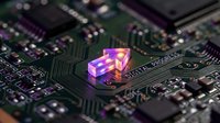 Quantum computing processor chip with glowing purple crystal on green circuit board showcasing advanced technology and futuristic electronics innovation.