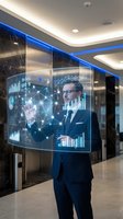 Professional businessman in suit interacting with futuristic holographic data interface displaying charts and network connections in modern office environment.