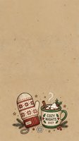 Cozy winter illustration with knitted mitten, hot chocolate mug, and festive decorations on kraft paper background. Perfect for holiday greeting cards and seasonal designs.