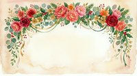 Vintage floral garland with roses, ranunculus, and eucalyptus on aged cream background. Ornamental swag design for invitations, cards, and decorative projects.