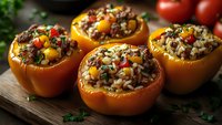 Stuffed bell peppers filled with quinoa, vegetables and herbs on wooden cutting board. Healthy vegetarian meal prep recipe for dinner or lunch.