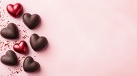 Dark chocolate and red metallic heart-shaped candies scattered on pink background with tiny heart sprinkles, romantic holiday confectionery composition with copy space.
