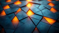 Geometric triangular pattern with glowing orange light through dark metallic surface creates dramatic contrast and futuristic technology mood for background design.