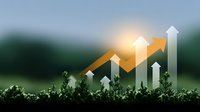 Growing arrows rise above green foliage silhouettes against sunset sky, representing sustainable business growth and environmental progress in finance.