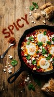 Shakshuka in cast iron skillet with eggs, tomato sauce, feta cheese, fresh herbs, and spicy paprika text on rustic wooden table.