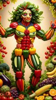 Creative vegetable superhero figure made from fresh produce with leafy green hair surrounded by colorful fruits and vegetables for healthy eating campaigns.