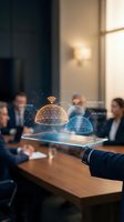 Businesspeople in conference room viewing holographic network security dome projections from tablet displaying alert systems and monitoring networks.