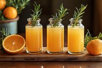 Fresh orange juice in glass bottles decorated with rosemary sprigs on wooden surface, halved citrus and whole fruits create appetizing drink composition.