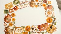 Day of the Dead watercolor frame with skulls, marigolds, guitar, clay pots and papel picado banners on white background.
