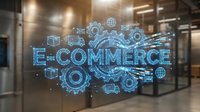 E-commerce glowing digital concept with gears, delivery icons, and network connections on a glass surface in a modern office setting.