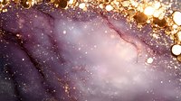 Purple and gold abstract background with flowing organic shapes, bubbles and sparkles creating luxurious cosmic atmosphere for premium design projects.