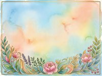 Watercolor floral frame with pink peonies, green leaves, and pastel sky background, perfect for greeting cards and invitations.