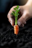Fresh carrot being planted in rich dark soil with dirty hands, dramatic lighting on vegetable against black background, organic gardening concept.