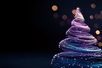 Glowing spiral light trails form abstract Christmas tree shape against dark background with bokeh lights, creating magical holiday atmosphere.