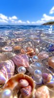 Seashells and pearls in crystal clear shallow water with sunlight creating iridescent reflections on tropical beach shore against blue summer sky and clouds.
