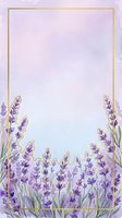 Lavender flowers with green stems arranged along bottom border, framed by gold rectangular frame on soft purple and white gradient background, isolated on white space for greeting cards, invitations, and stationery design.