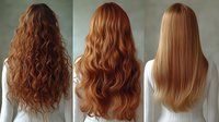 Long wavy and straight female hair types shown from behind, displaying different natural textures from curly auburn to straight blonde. For beauty and hair care concepts.