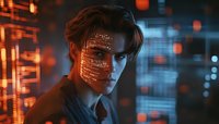 Young Asian male with digital projection on face in dark moody setting with orange and blue lighting effects, representing artificial intelligence and facial recognition technology.