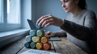 Young woman arranging colorful emoji emotion blocks on wooden table, exploring feelings and mental health awareness in modern workspace setting.