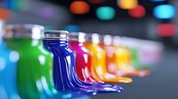 Vibrant colorful liquid in glass bottles arranged in row with blurred bokeh background, showcasing spectrum of rainbow hues in artistic macro photography.