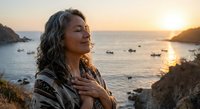 Peaceful woman with curly hair enjoying golden sunset by ocean bay with boats. Serene moment of gratitude and mindfulness during coastal evening light.