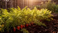 Young carrot seedlings growing in organic vegetable garden with warm sunlight filtering through lush green foliage in backyard farming setting.