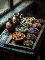 Assorted dried herbs, spices and flowers in wooden bowls on rustic dark tray near window with clay pots, moody natural lighting creates atmospheric composition.
