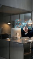 Businessman in formal attire interacting with holographic data visualization displaying analytics, charts, and digital icons in modern office workspace for technology and business solutions.