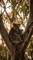 Adorable koala bear sitting peacefully in eucalyptus tree branches during golden hour sunlight. Native marsupial wildlife in natural habitat for conservation campaigns.
