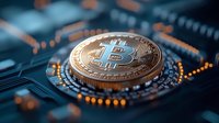 Golden cryptocurrency coin on circuit board with glowing orange elements and digital pattern, macro shot in dark blue tones, financial technology concept.