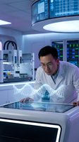 Asian male scientist analyzing DNA data on digital tablet in futuristic laboratory with holographic double helix projection for genetic research and biotechnology applications.
