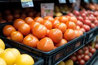Fresh ripe tomatoes arranged in plastic crate at grocery store produce section, selective focus on bright orange fruits against blurred background.
