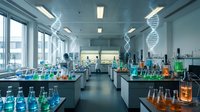 Modern laboratory interior with DNA helixes, scientific equipment and colorful chemical solutions for biotechnology research and pharmaceutical development.