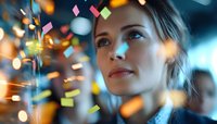 Young Caucasian woman with hopeful expression amid falling colorful confetti and bokeh lights, capturing moment of celebration and dreamy atmosphere.