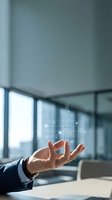 Businessman hand presenting holographic data grid in modern office space with digital technology interface for business presentations.