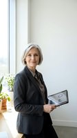 Confident mature businesswoman with silver hair holding tablet in modern office space near window with natural light for corporate presentations.