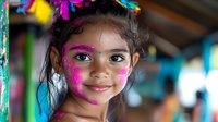 Young girl with vibrant pink face paint and butterfly decorations smiling at carnival celebration, expressing joy and innocence against colorful festive background.